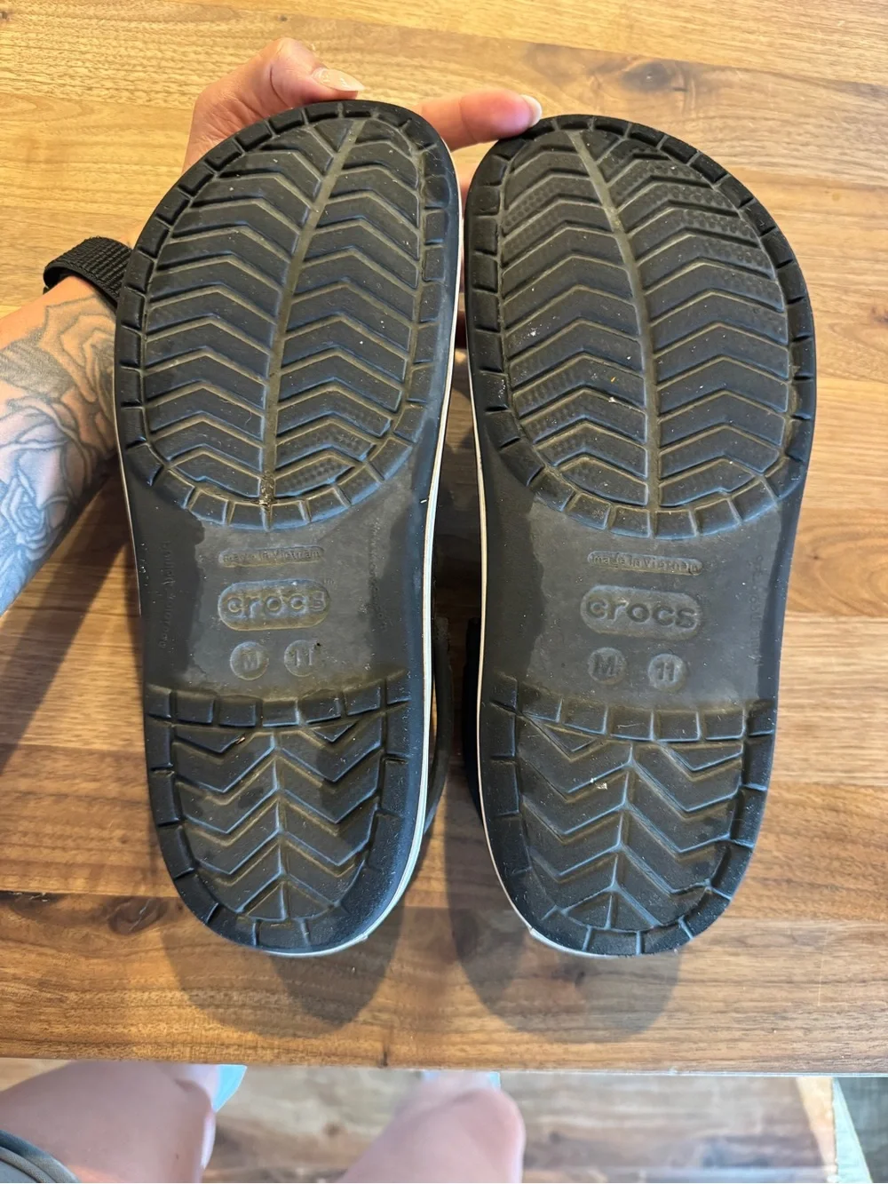 CROCS Black Clog Sandals with White Stripe
